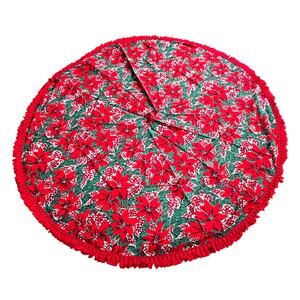 Vintage Christmas holiday tablecloth hand made with yarn fringe round red green
